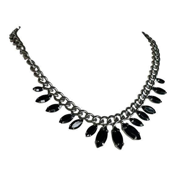 Silver Tone Chunky Curb Chain Black Faceted Navettes Necklace - Picture 2 of 4